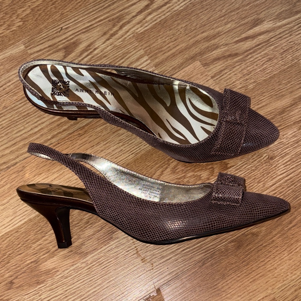Anne Klein Dark Brown Textured Slingback Pointed-Toe Heels